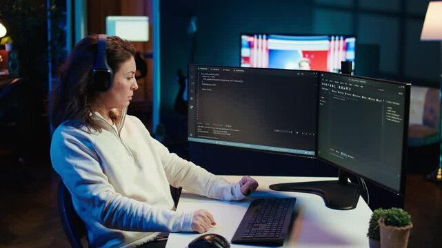 Woman listening music while doing software quality assurance, reading source code on computer screen. Developer wearing headphones enjoying podcasts and inspecting coding on desktop PC, camera B