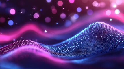 Fototapeta premium Abstract digital illustration of vibrant purple, pink, and blue light waves on dark background.