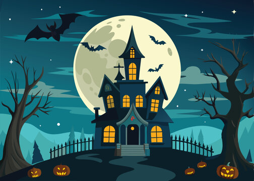 a halloween haunted house with a full moon and bats