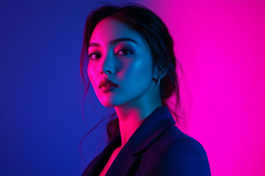 Chic Woman in Navy Blue Blazer with Neon Purple Accents, Trendsetting Fashion Portrait, Urban Lifestyle Photography
