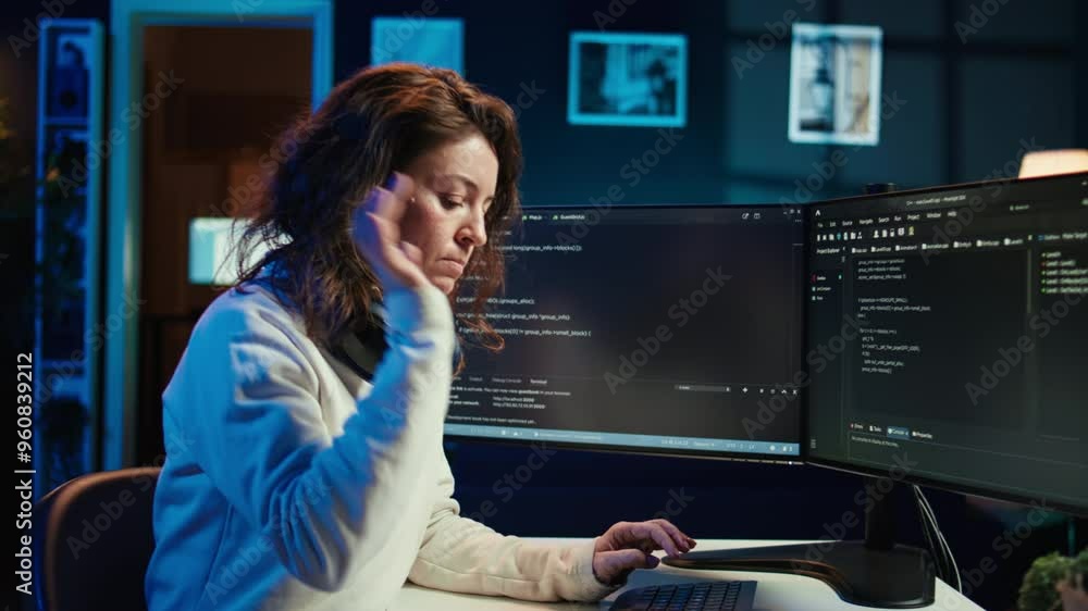 Poster teleworking computer technician typing on keyboard, implementing security measures to protect compan