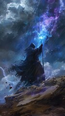 A dramatic fantasy artwork showcasing a hooded, cloaked figure standing on a rugged, stormy landscape. The figure holds a staff aloft, from which a bright, electric blue lightning bolt extends into th