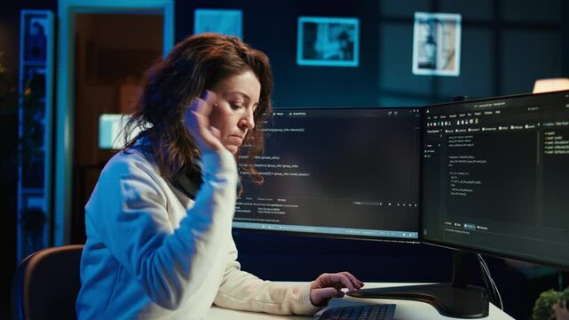 Teleworking computer technician typing on keyboard, implementing security measures to protect company systems and data, close up. Remote IT employee at home debugging code for software, camera B