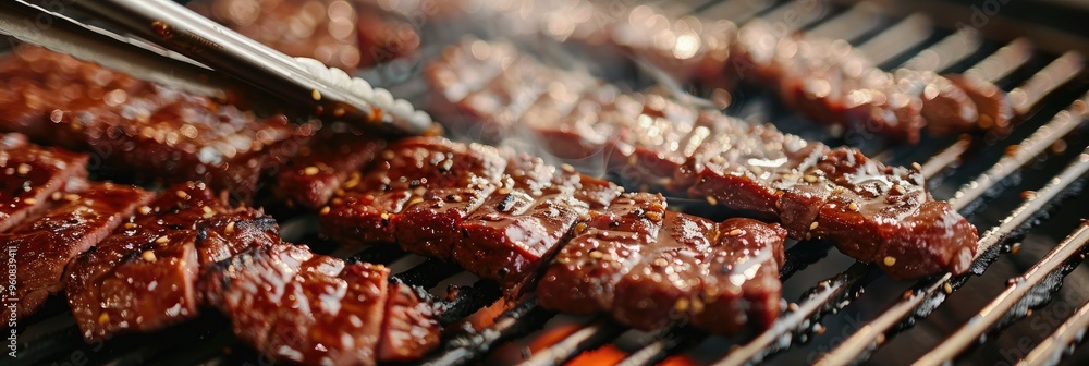 Canvas Prints Grilling Sliced Square Meat with Tongs to Achieve Tasty BBQ While Coating the Grate with Beef Fat