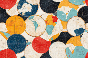 Seamless pattern of vintage map fragments showing different parts of the world, slightly overlapping