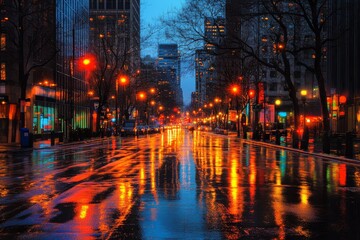 Fototapeta premium The glow of streetlights reflecting on wet streets during a rainy evening in the city.