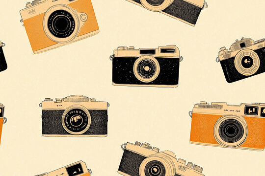 Seamless pattern of vintage camera illustrations from different eras in a hand-drawn style