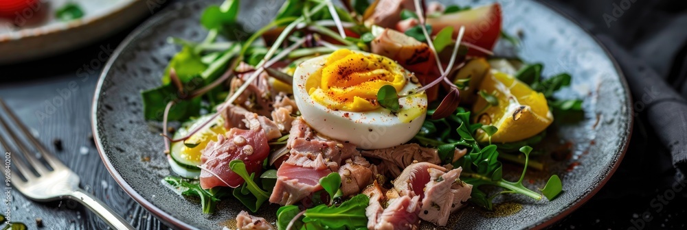 Poster nicoise salad with tuna, egg, and greens presented on an elegant gray plate.