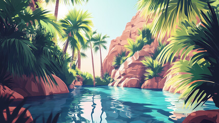 A tranquil oasis hidden deep within the jungle, its crystal-clear waters surrounded by lush greenery and towering palms. abstract backgrounds illustration, minimalism,. Desert Oasis. Illustration