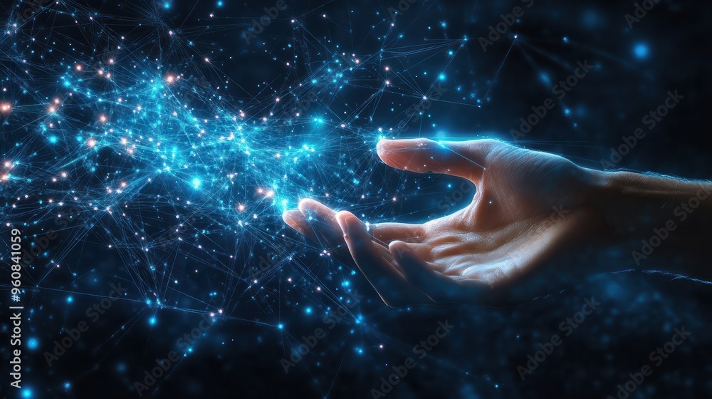 Poster abstract background of hands touching digital transformation virtual screen. technology connection d