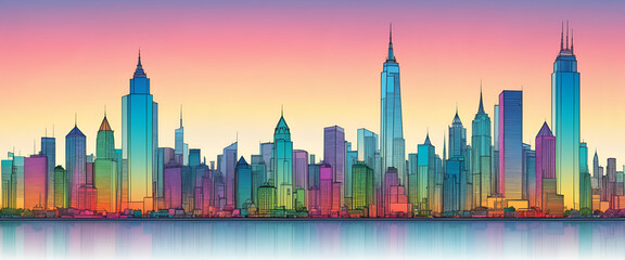 Fototapeta premium Illustrative color illustration of a cityscape or skyline of a distant city in a graphic style