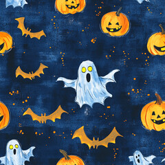 happy orange pumpkins, black bats with tiny yellow eyes, neon glowing ghost with tiny arms, ink art, misty dark blue background 