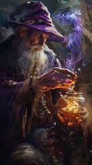 An elderly wizard dressed in detailed, ornate robes performs a magical ritual. He wears a large, pointed purple hat adorned with intricate designs. His long, grey beard flows down his chest. The wizar