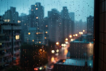 The view from a city apartment balcony as rain falls, with the sounds of the city muted by the weather. 