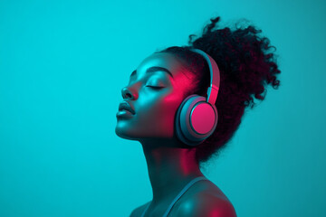 Trendy Womens Gray Headphones with Neon Aqua Modern Lifestyle Portrait with Stylish Fashion Background
