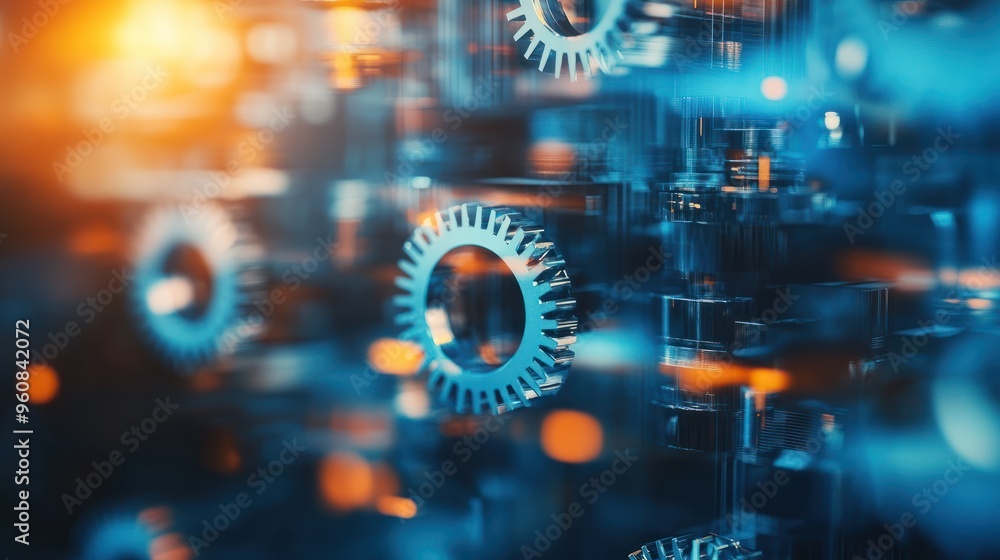 Aufkleber blurred background with overlapping gears represents automation concept in business and industry.