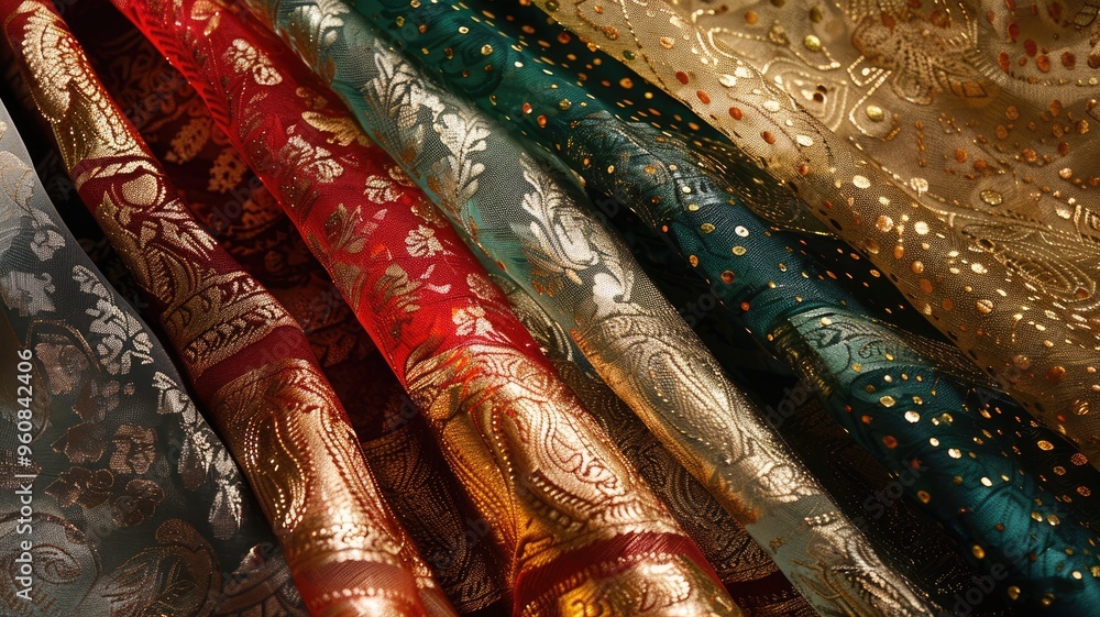 Poster assortment of luxurious patterned fabrics in various colors with intricate designs