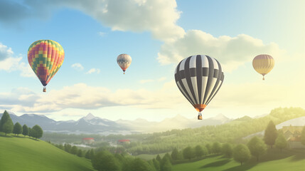 Naklejka premium Hot Air Balloons Floating Over Scenic Countryside Hills