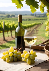 A glass of white wine and a bottle with grapes