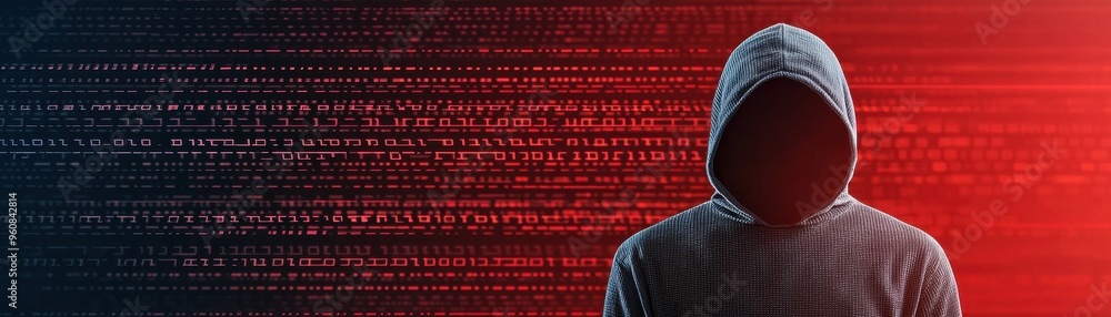 Poster a mysterious figure in a hoodie stands against a backdrop of digital binary code. themes of cybercri