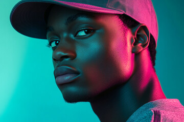 Trendy Mens Gray Cap with Neon Aqua Highlights Fashionable Lifestyle Portrait with Contemporary Background