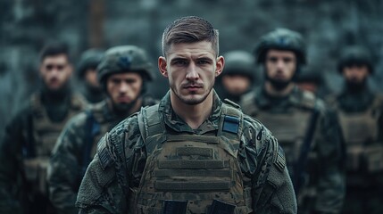 Fototapeta premium soldier posing confidently in front of his squad, with a calm and assured expression, reflecting leadership and authority
