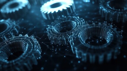 Digital polygonal mesh with dots, lines, and shapes of abstract modern 3D gear wheels in dark background. Mechanical technology machine engineering wireframe.