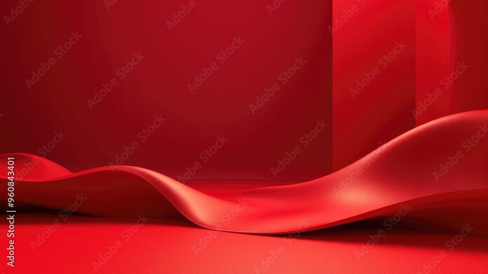 Poster flowing red fabric on background creating elegant wavelike form