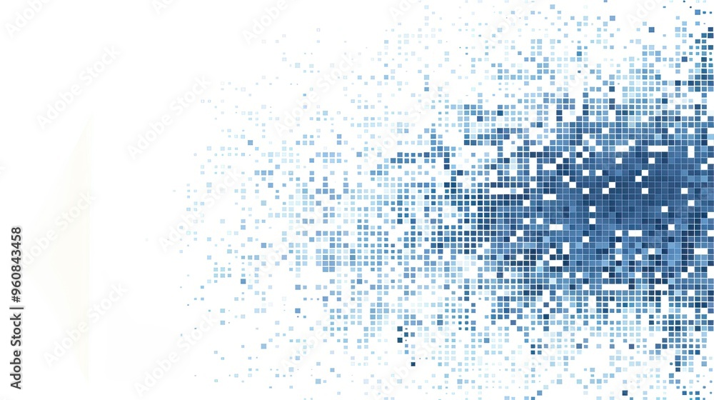 Poster a digital abstract design featuring a gradient of blue pixels dispersing across a white background.