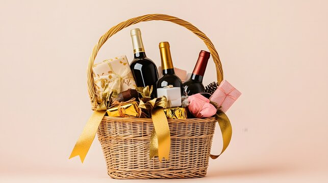 Luxuriously arranged gift hamper featuring fine wine bottles, wrapped gifts, and designer decorations in a wicker basket. Perfect for festive celebrations, elegant gift-giving, and special occasions