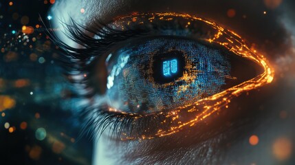 Eye of person working with digital data, abstract network information background, banner with cyber security theme. Concept of ai, technology, spy, hacker, hack, art
