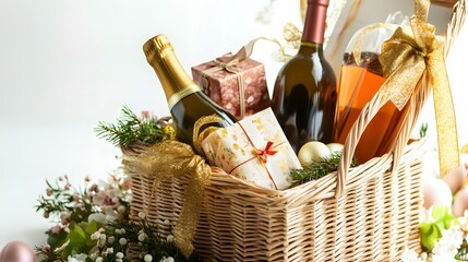 Luxuriously arranged gift hamper featuring fine wine bottles, wrapped gifts, and designer decorations in a wicker basket. Perfect for festive celebrations, elegant gift-giving, and special occasions