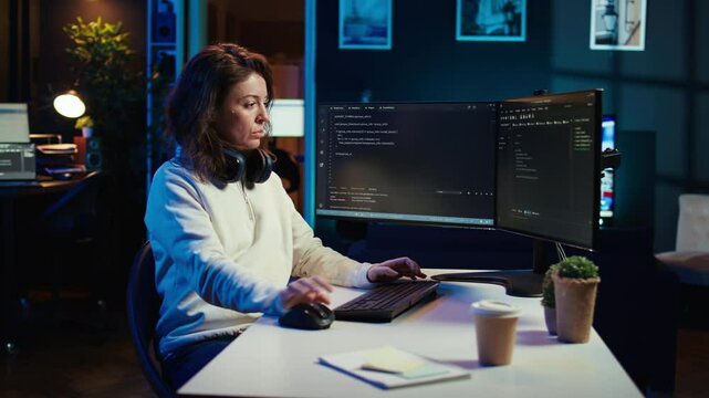 Programmer teleworking from own apartment filtering malicious traffic from cybercriminals attempting to corrupt company data using computer, preventing phishing attacks, camera B panning shot