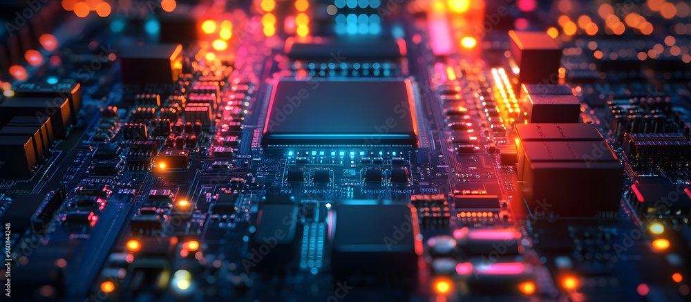 Poster a computer chip is shown in a very colorful and detailed way