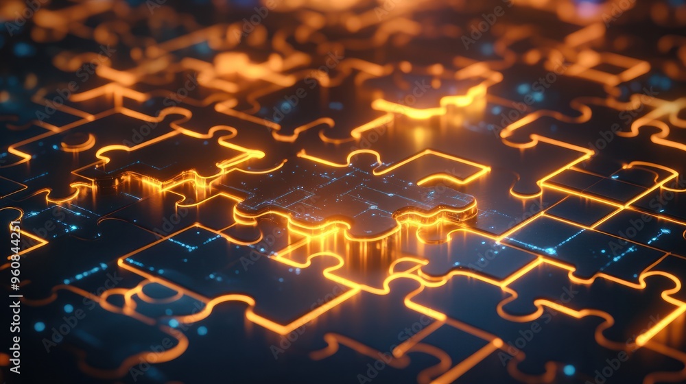 Poster glowing puzzle pieces connected in a digital network, highlighting concepts of connectivity, problem