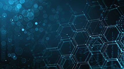 Obraz premium A digital abstract design featuring interconnected hexagons and glowing particles, representing technology and data visualization.