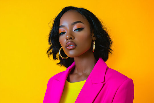 Woman Neon Pink Blazer with Solid Neon Yellow Elegant Fashion Portrait with Modern Neon Background for Trendy Style and Chic Appeal