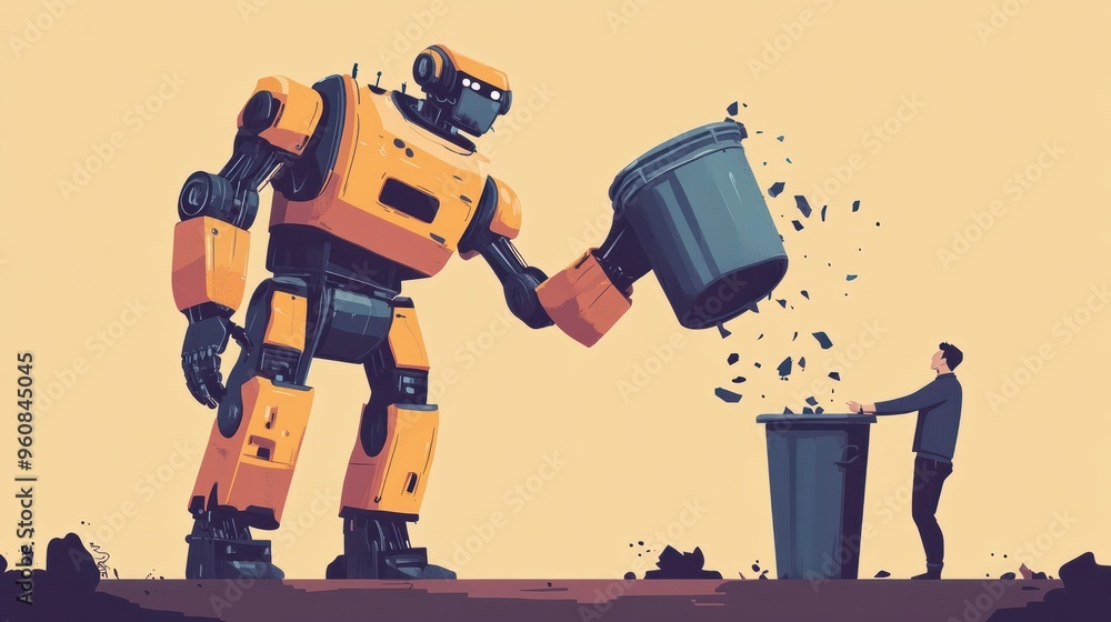 Poster in a symbolic portrayal of artificial intelligence replacing jobs, a giant robot is depicted throwin