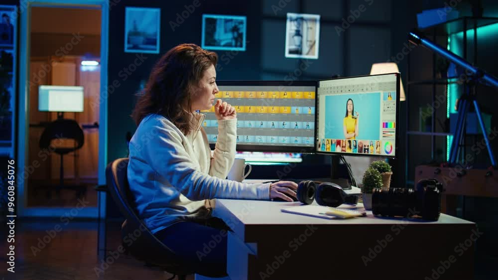 Poster photographer using professional photo editing tools on pc display. photo editor utilizing high tech 