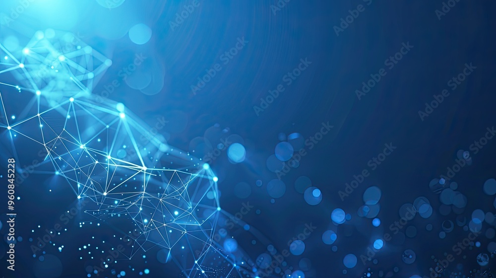 Poster a digital abstract representation featuring interconnected lines and glowing dots on a blue backgrou