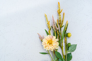 Bouquet of garden flowers laying on a textured, light background. Cream, yellow colored dahlias and pink and yellow celosia flowers. Portrait orientation.