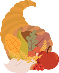 Cornucopia full of pumpkins, berrys, wheat and autumn leaves