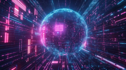 Metaverse digital world cyber space background, neon colorful global world in cyber space, future energy power technology and internet connection concept.