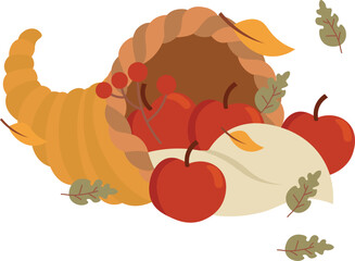 Cornucopia full of pumpkins, berrys, wheat and autumn leaves