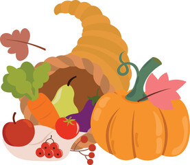 Cornucopia full of pumpkins, berrys, wheat and autumn leaves