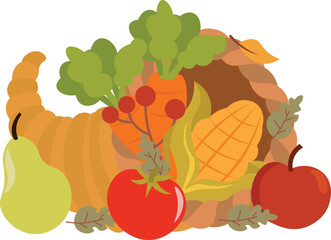 Cornucopia full of pumpkins, berrys, wheat and autumn leaves