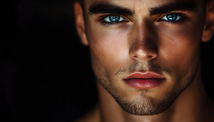 Obraz premium A handsome European man with glowing skin, perfect makeup