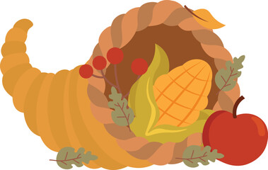 Cornucopia full of pumpkins, berrys, wheat and autumn leaves