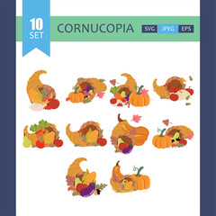 Cornucopia full of pumpkins, berrys, wheat and autumn leaves