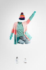 Ghost, fashion and person in studio with casual outfit, trendy clothes and stylish on white background. Mockup space, invisible and isolated silhouette with accessory, creative style and transparent